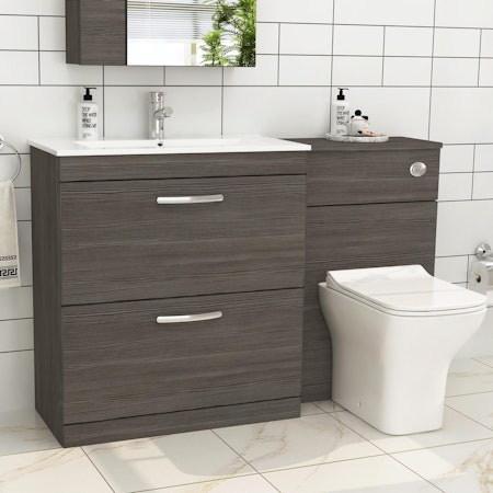 Turin 1300mm Grey Elm 2-Drawers Minimalist Basin with Qubix Back to Wall Toilet Pack