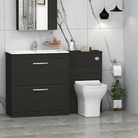Turin 1300mm Hale Black 2-Drawers Minimalist Basin with Qubix Back to Wall Toilet Pack