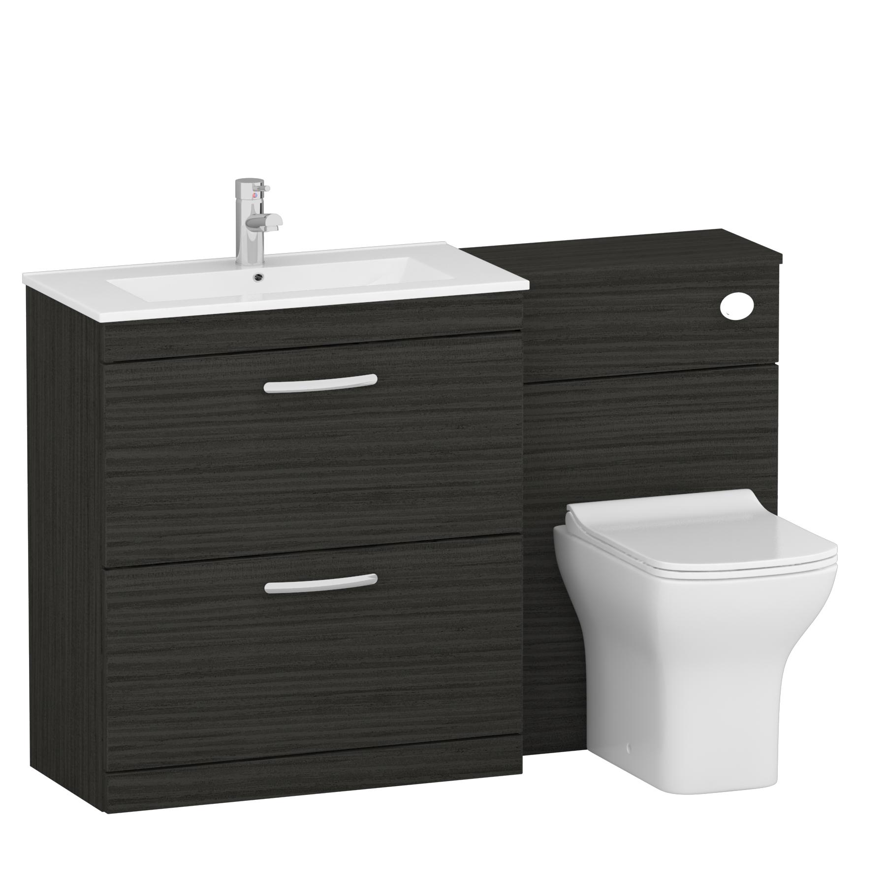 Turin 1300mm Hale Black 2-Drawers Minimalist Basin with Qubix Back to Wall Toilet Pack
