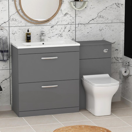Turin 1300mm Indigo Grey Gloss 2-Drawers Minimalist Basin with Qubix Back to Wall Toilet Pack