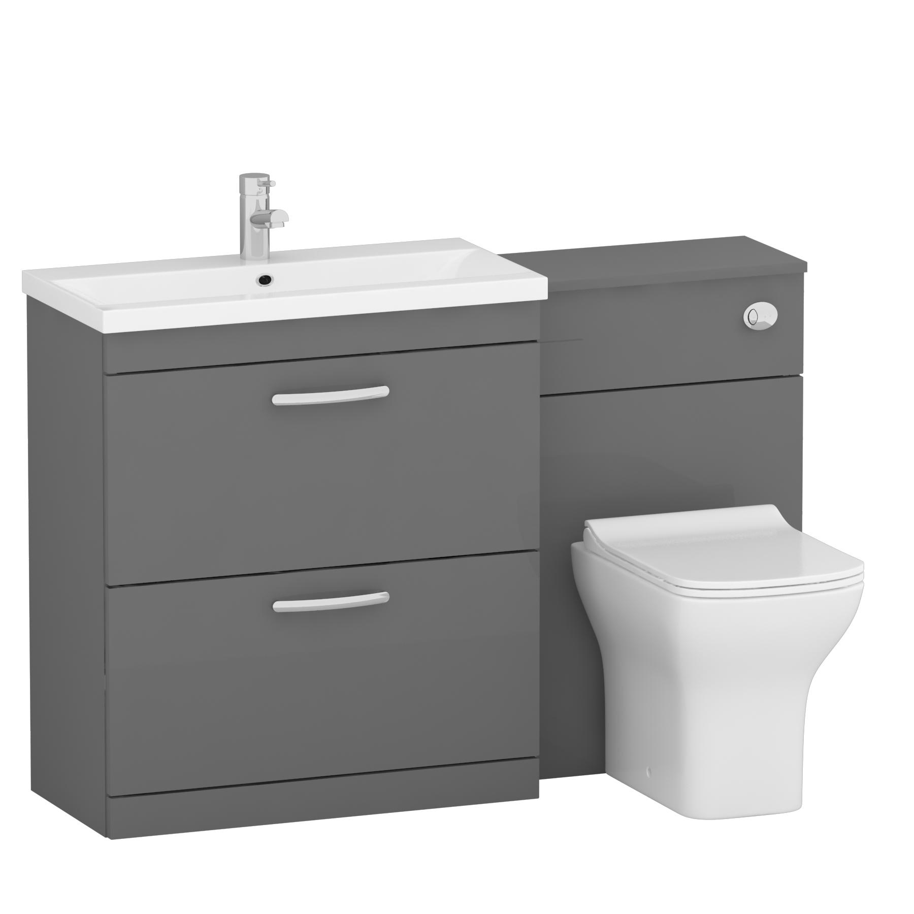 Turin 1300mm Indigo Grey Gloss 2-Drawers Mid-Edge Basin with Qubix Back to Wall Toilet Pack