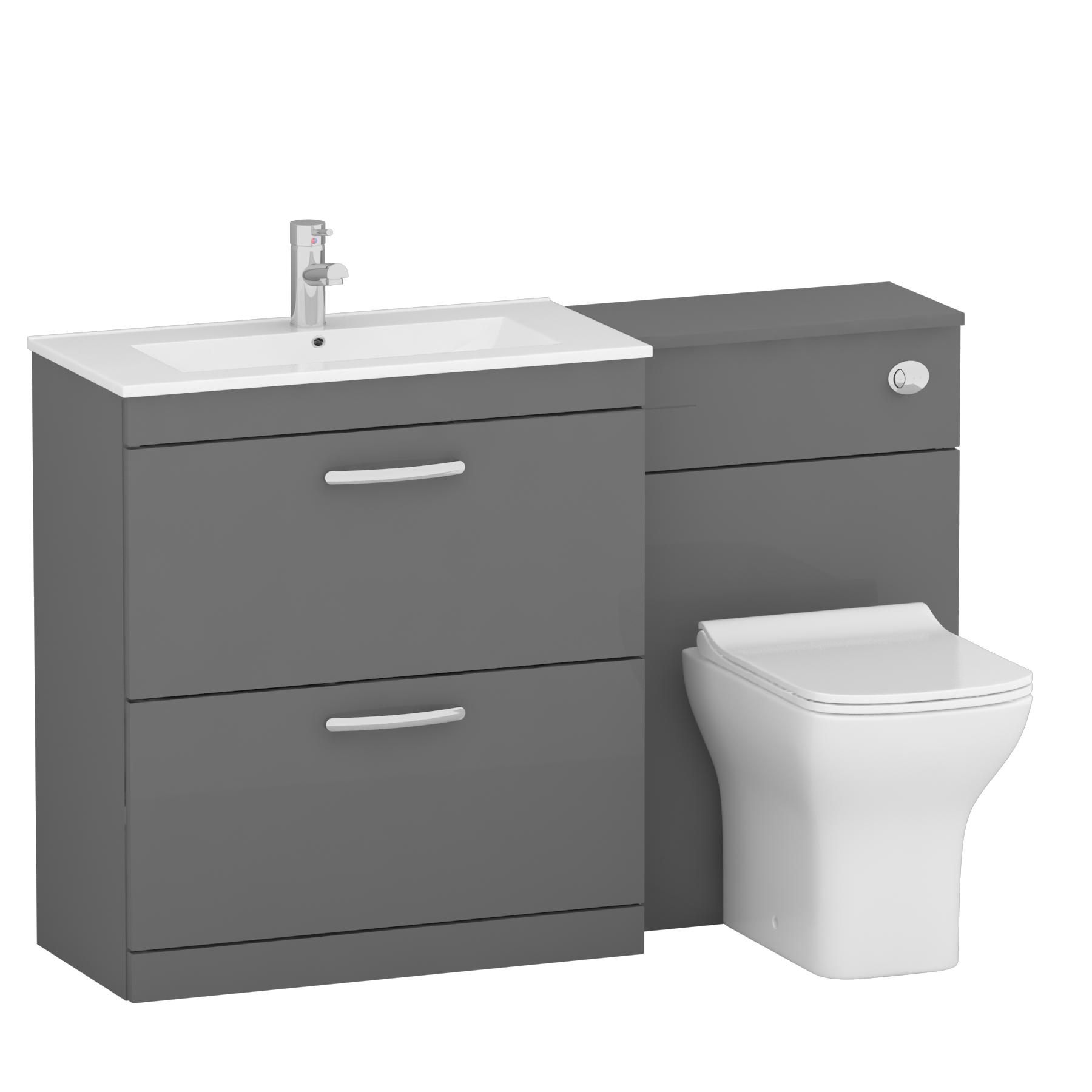 Turin 1300mm Indigo Grey Gloss 2-Drawers Minimalist Basin with Qubix Back to Wall Toilet Pack