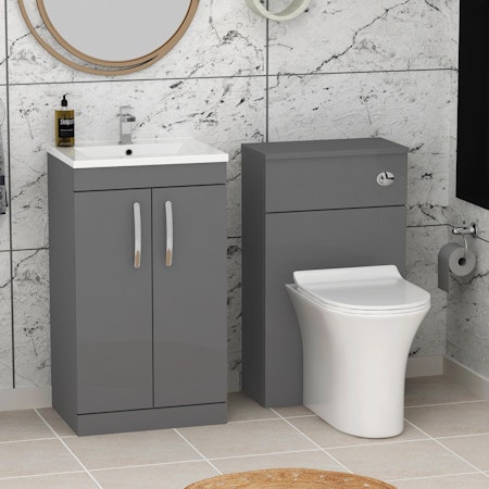 1000mm Indigo Grey Gloss 2 Doors Furniture Pack with Minimalist Basin & Slim Breeze Back to Wall Toilet