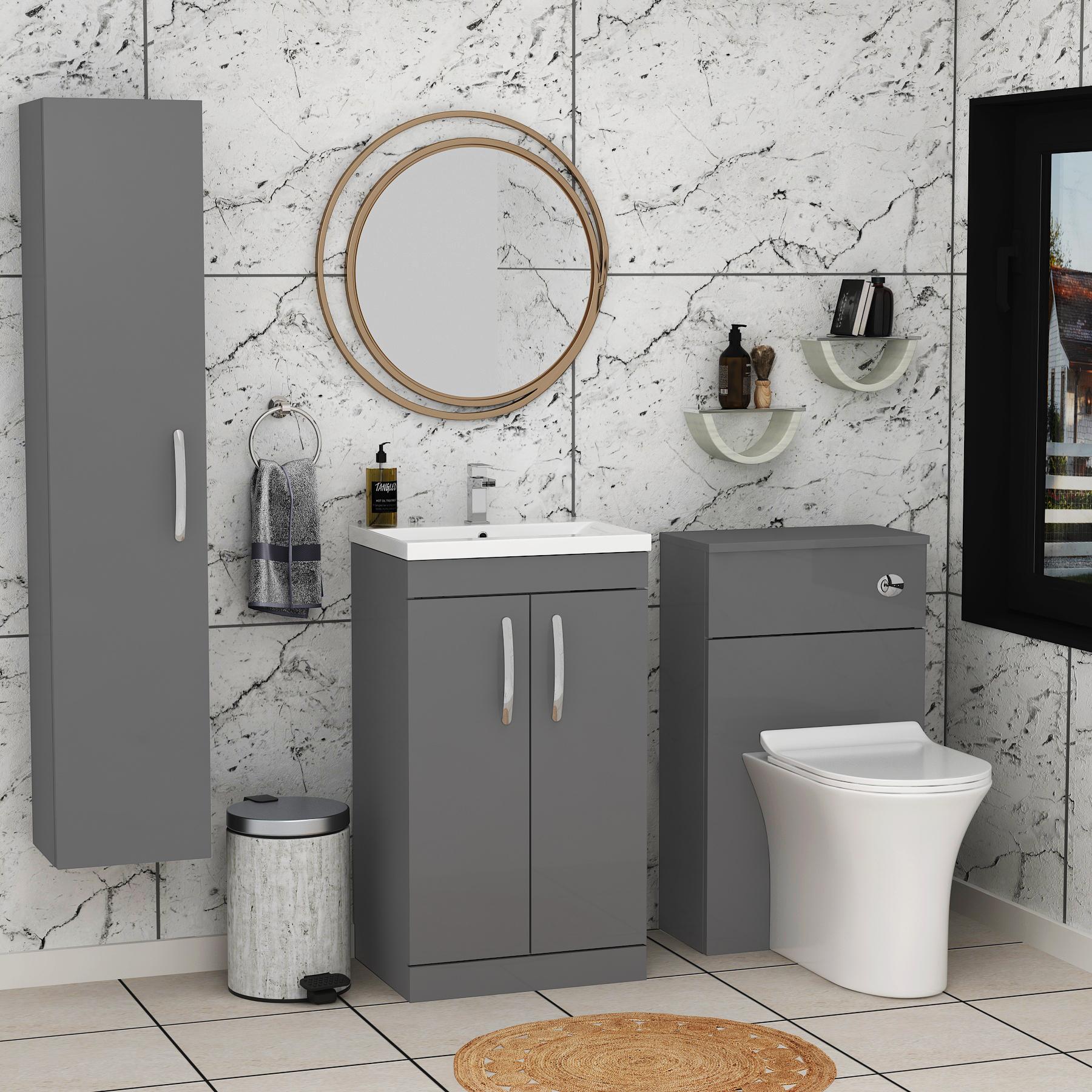 1000mm Indigo Grey Gloss 2 Doors Furniture Pack with Mid Edge Basin & Slim Breeze Back to Wall Toilet