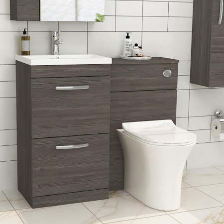 1000mm Grey Elm 2 Drawer Furniture Pack with Mid Edge Basin & Slim Breeze Back to Wall Toilet