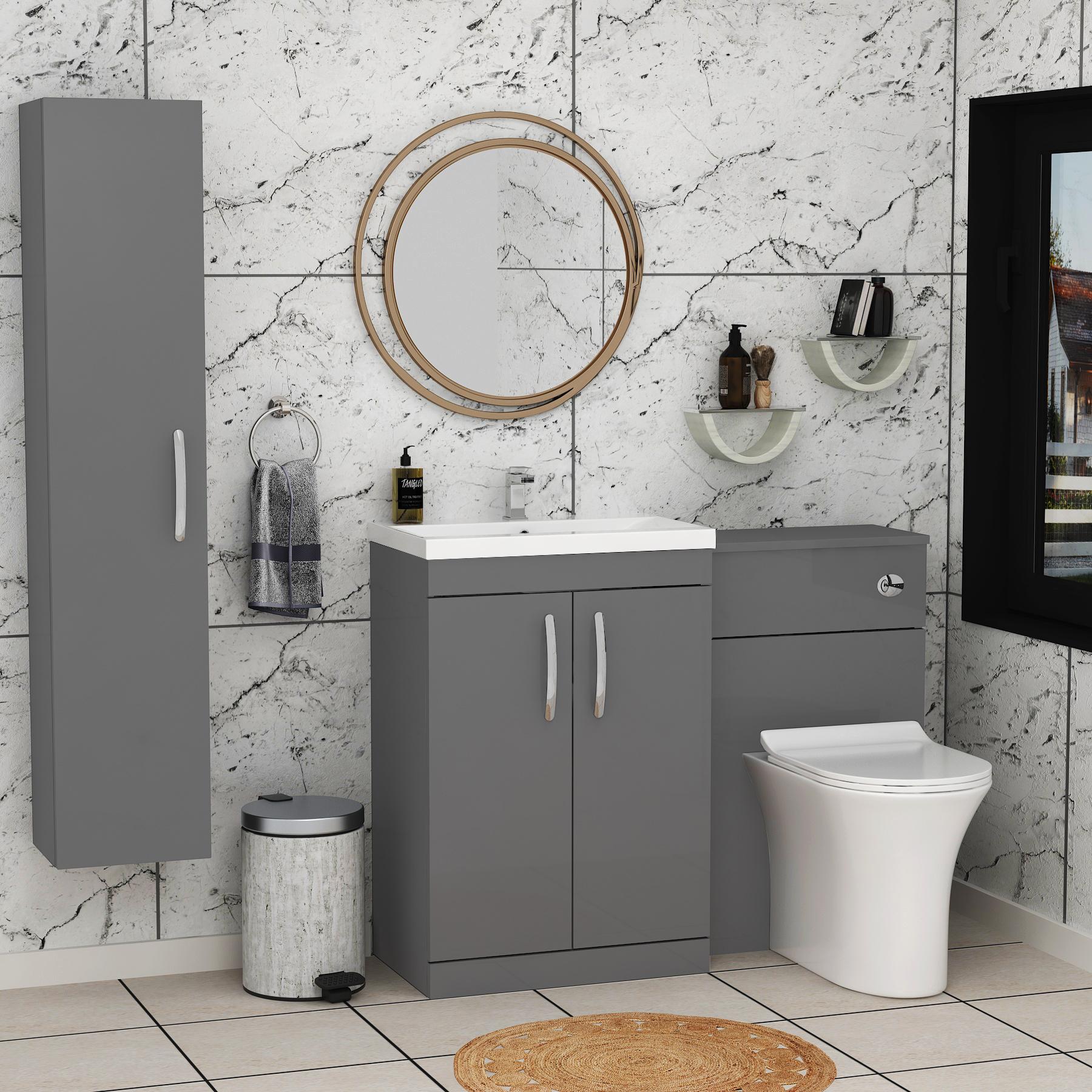 1100mm Indigo Grey Gloss 2 Doors Furniture Pack with Mid Edge Basin & Slim Breeze Back to Wall Toilet