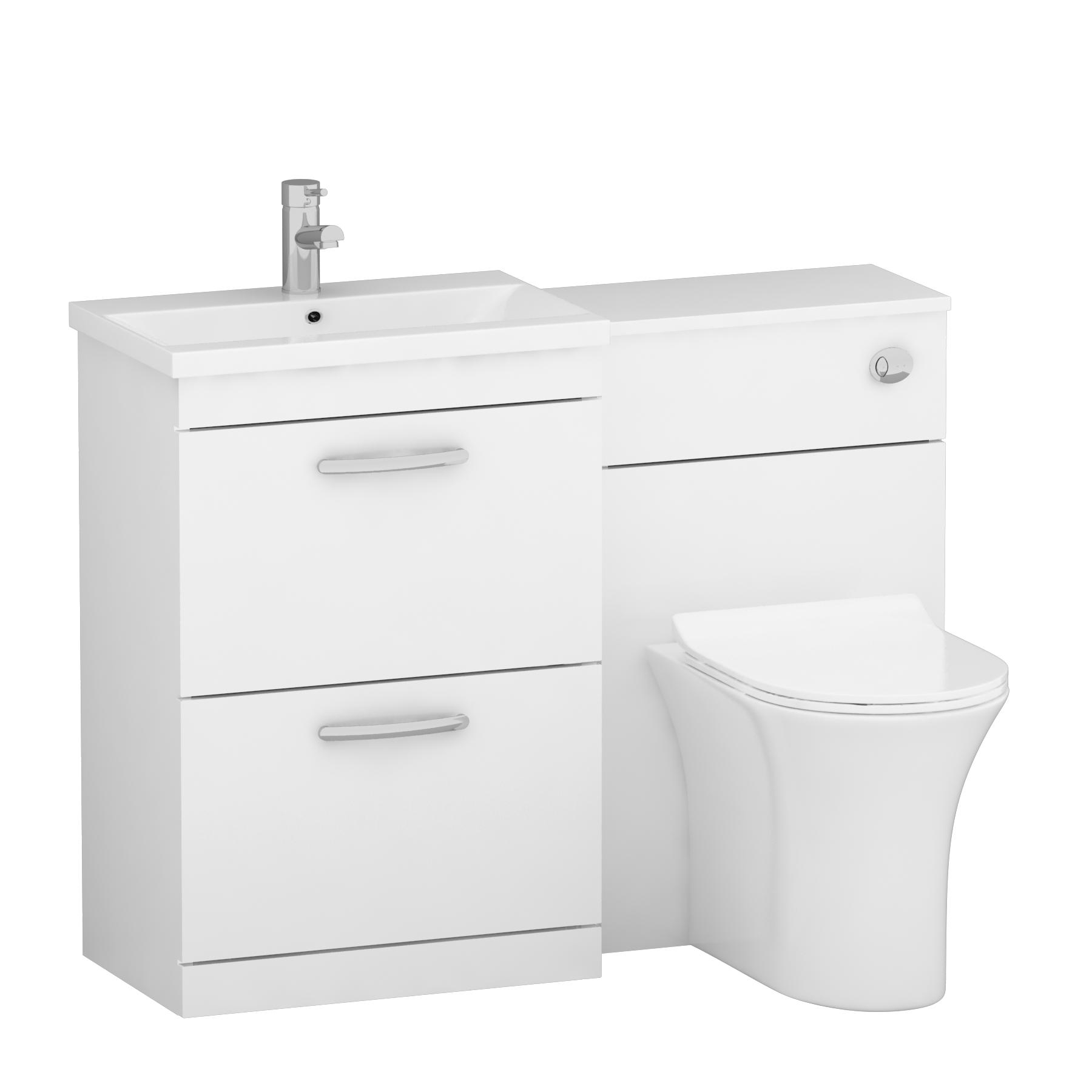 1100mm Gloss White 2 Drawer Furniture Pack with Mid Edge Basin & Slim Breeze Back to Wall Toilet