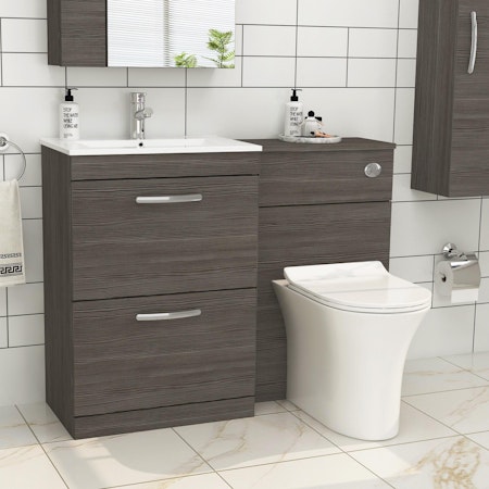 1100mm Grey Elm 2 Drawer Furniture Pack with Minimalist Basin & Slim Breeze Back to Wall Toilet