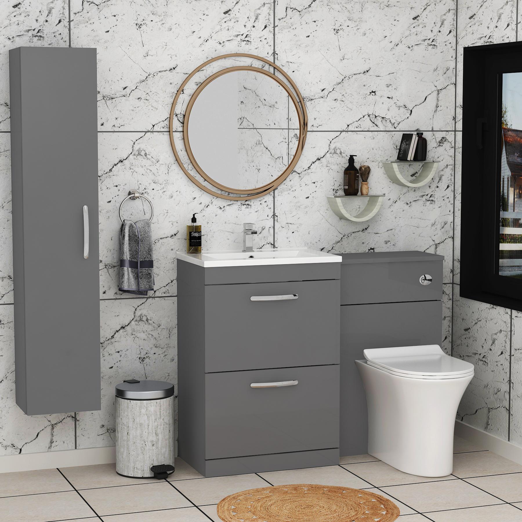 1100mm Indigo Grey Gloss 2 Drawer Furniture Pack with Minimalist Basin & Slim Breeze Back to Wall Toilet