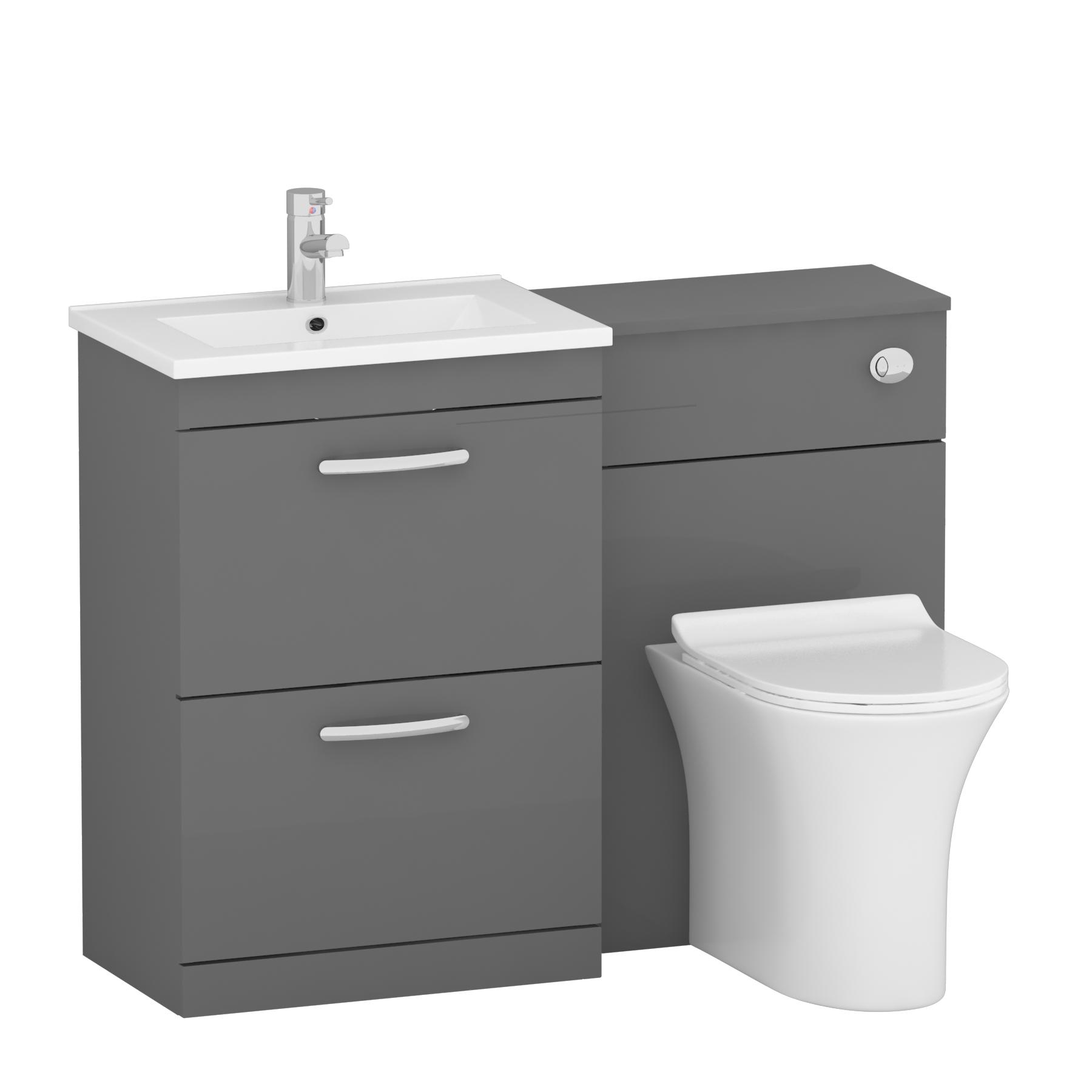 1100mm Indigo Grey Gloss 2 Drawer Furniture Pack with Minimalist Basin & Slim Breeze Back to Wall Toilet