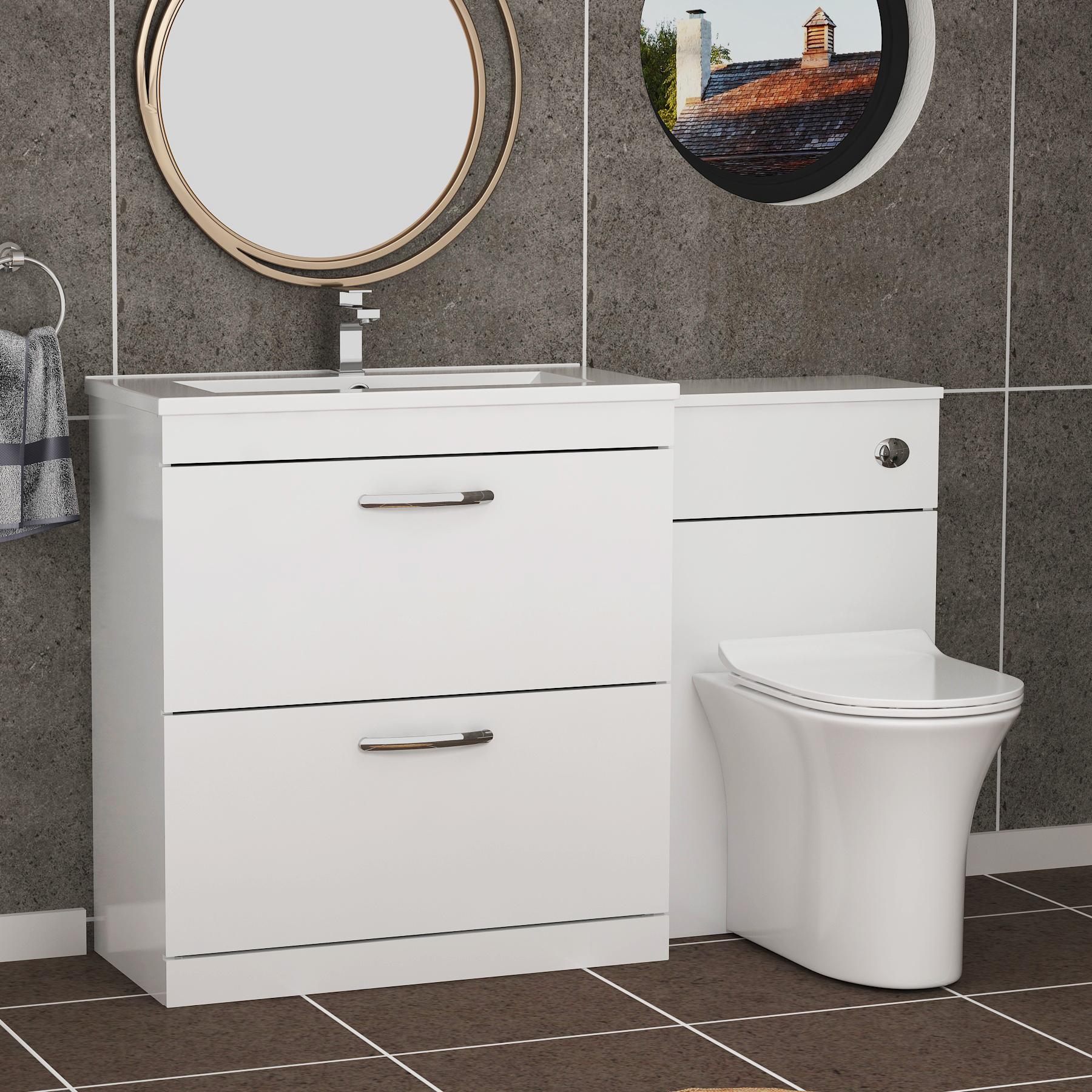 1300mm Gloss White 2 Drawer Furniture Pack with Minimalist Basin & Slim Breeze Back to Wall Toilet