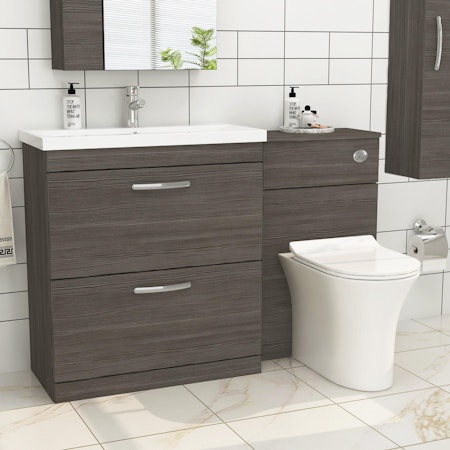 1300mm Grey Elm 2 Drawer Furniture Pack with Mid Edge Basin & Slim Breeze Back to Wall Toilet