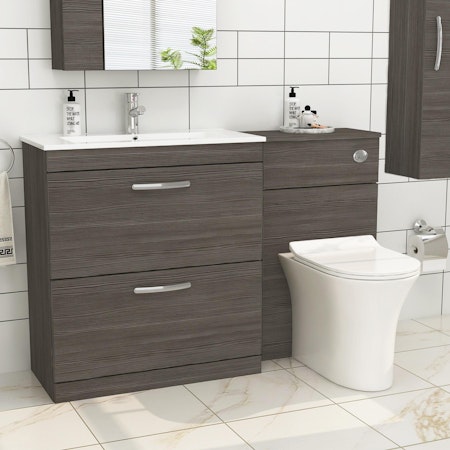 1300mm Grey Elm 2 Drawer Furniture Pack with Minimalist Basin & Slim Breeze Back to Wall Toilet
