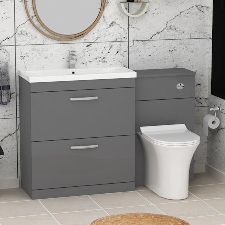 1300mm Indigo Grey Gloss 2 Drawer Furniture Pack with Mid Edge Basin & Slim Breeze Back to Wall Toilet
