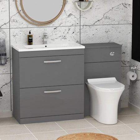1300mm Indigo Grey Gloss 2 Drawer Furniture Pack with Minimalist Basin & Slim Breeze Back to Wall Toilet