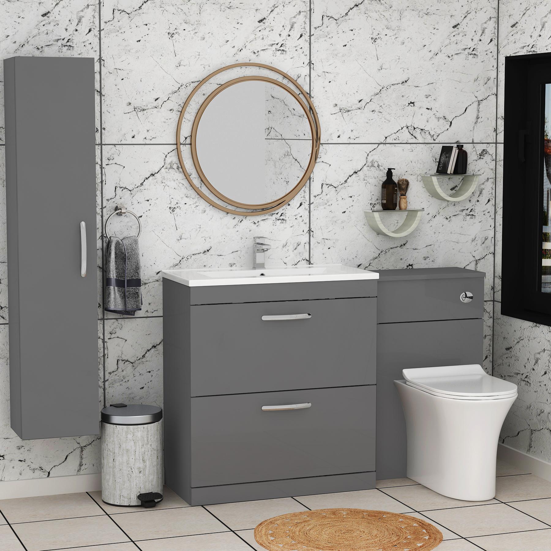 1300mm Indigo Grey Gloss 2 Drawer Furniture Pack with Minimalist Basin & Slim Breeze Back to Wall Toilet