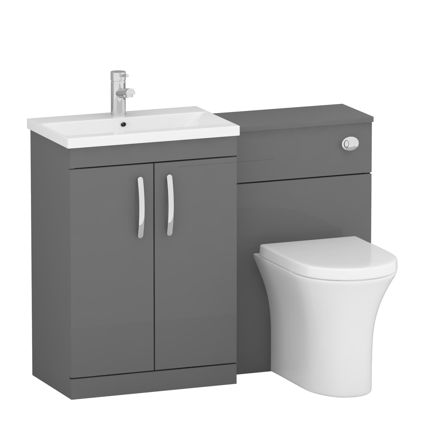1100mm Indigo Grey Gloss 2 Doors Furniture Pack with Mid Edge Basin & Breeze Back to Wall Toilet