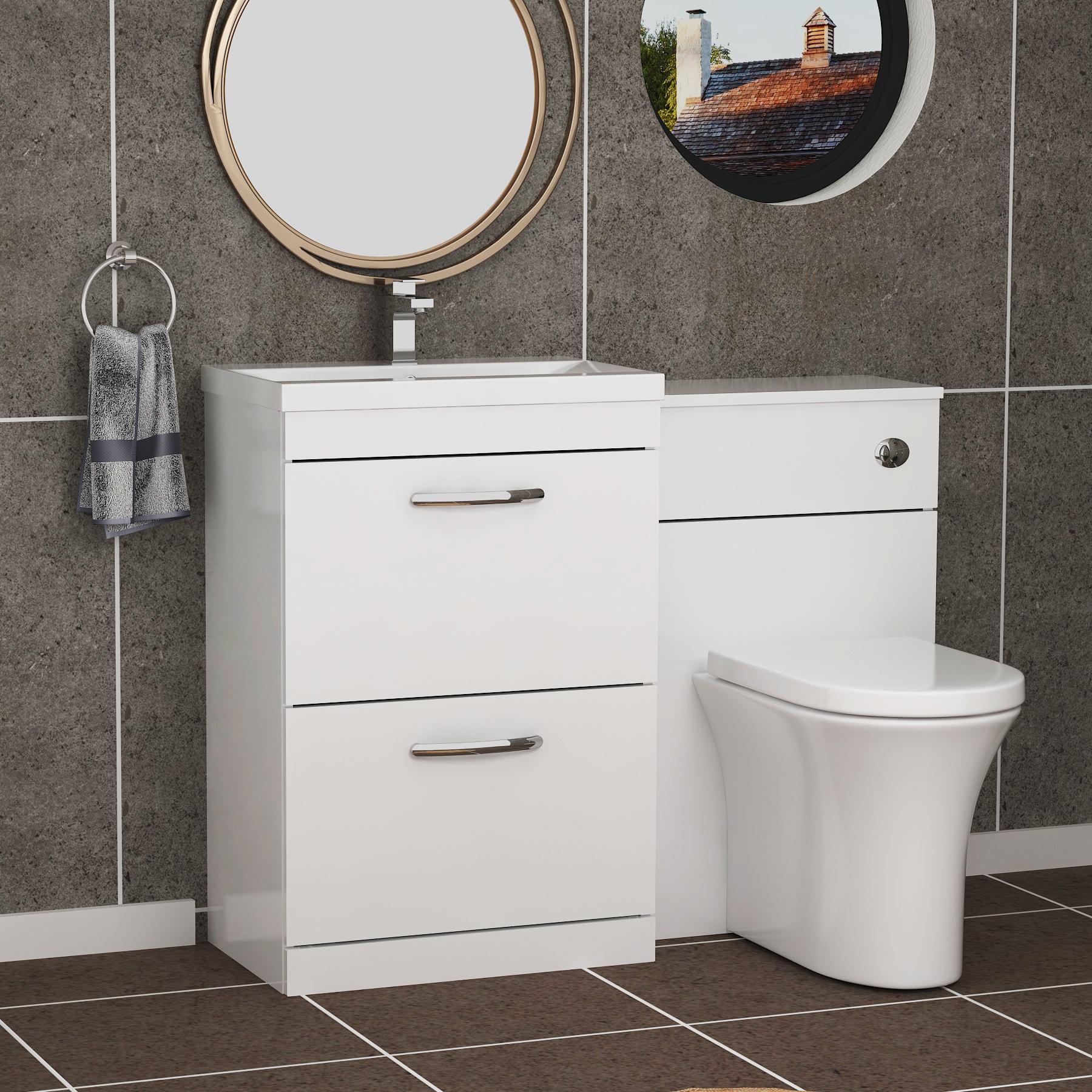 1100mm Gloss White 2 Drawer Furniture Pack with Mid Edge Basin & Breeze Back to Wall Toilet
