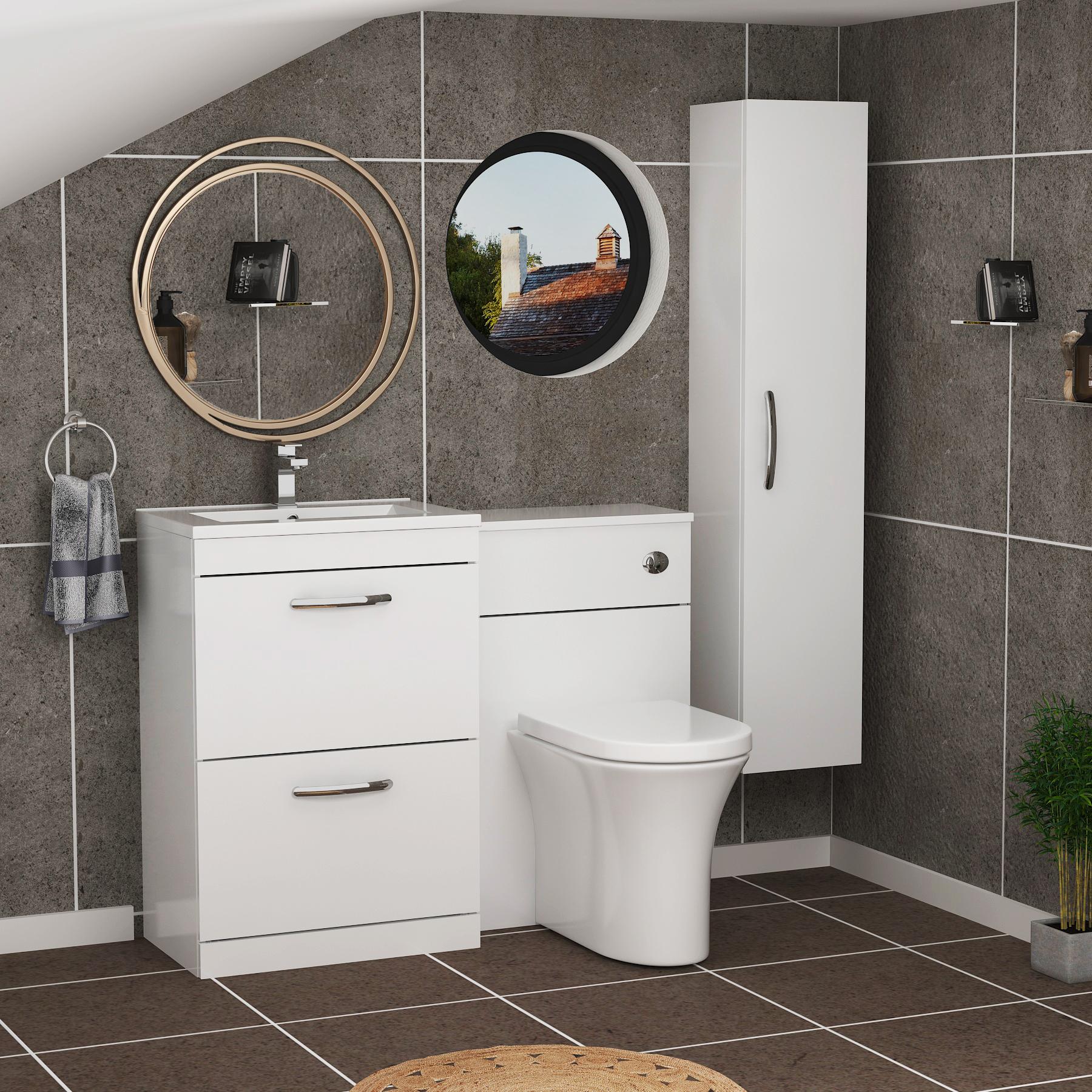 1100mm Gloss White 2 Drawer Furniture Pack with Minimalist Basin & Breeze Back to Wall Toilet