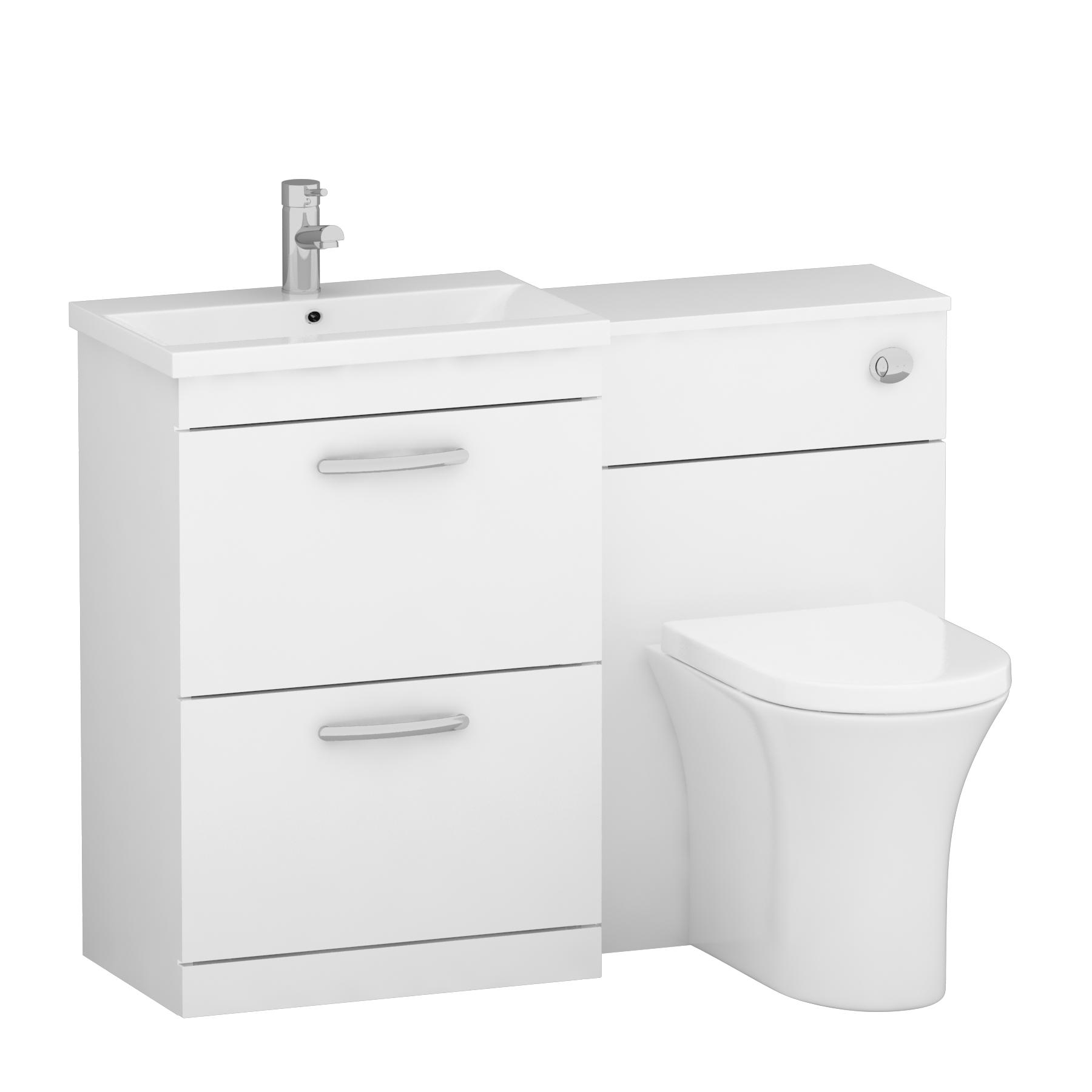 1100mm Gloss White 2 Drawer Furniture Pack with Mid Edge Basin & Breeze Back to Wall Toilet