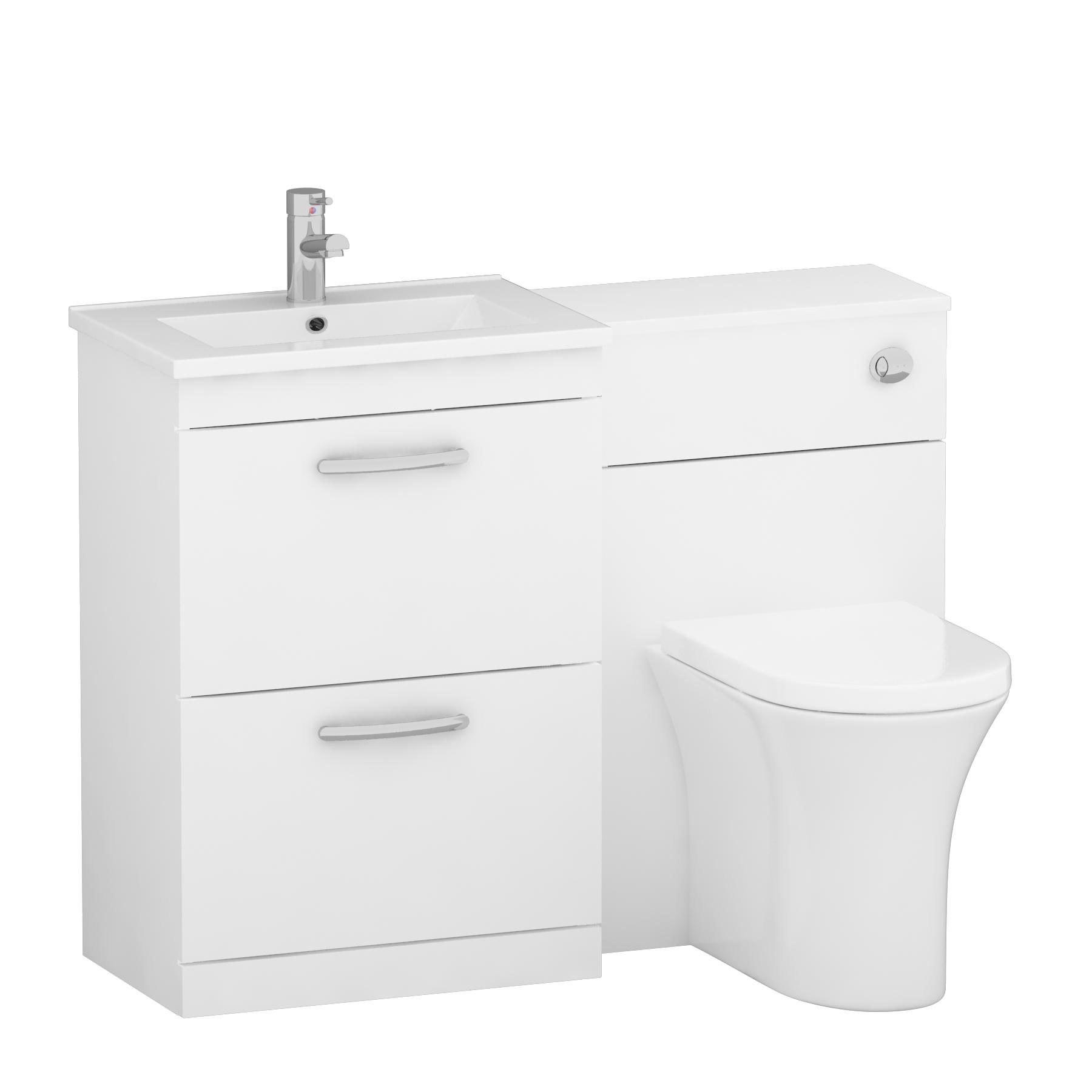 1100mm Gloss White 2 Drawer Furniture Pack with Minimalist Basin & Breeze Back to Wall Toilet