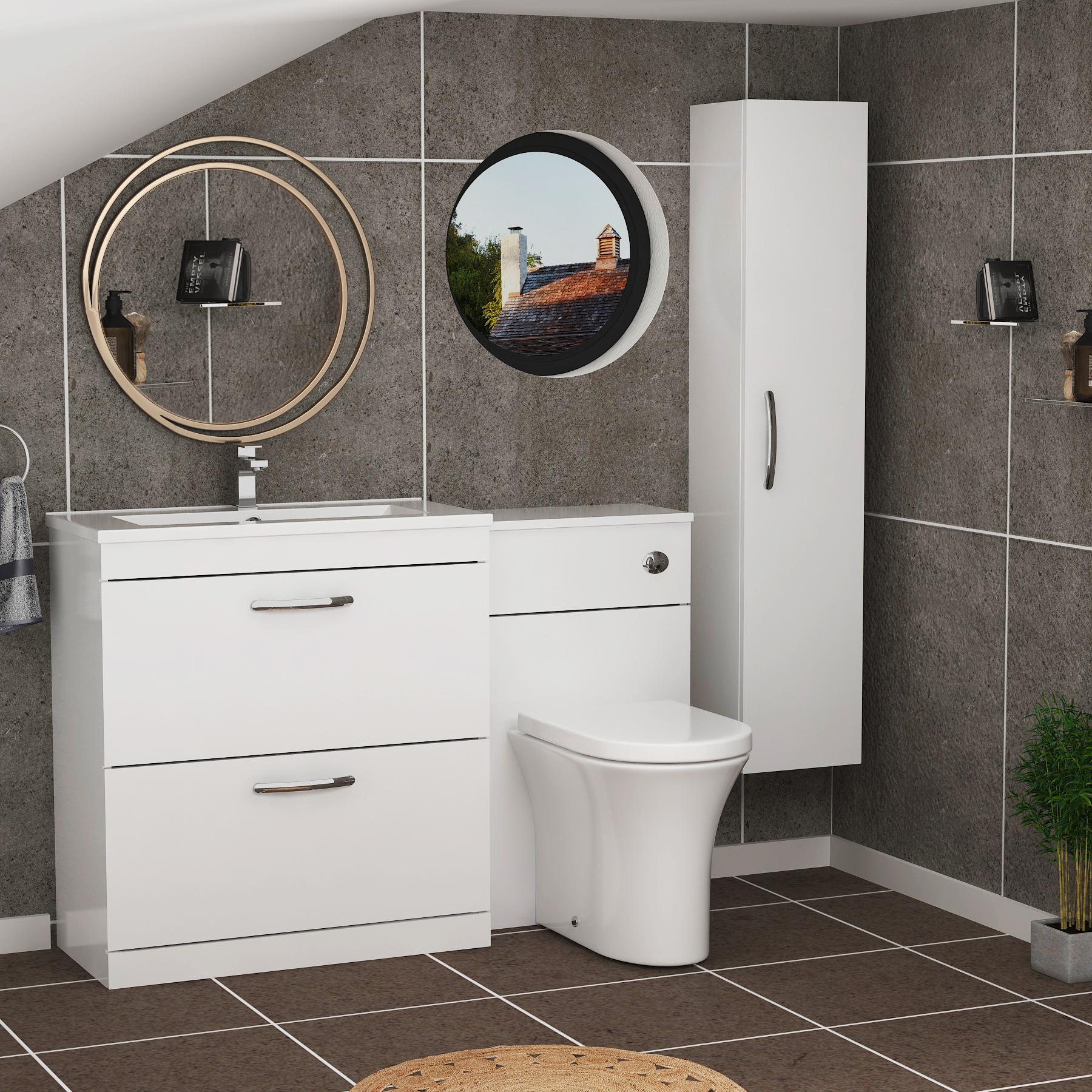 1300mm Gloss White 2 Drawer Furniture Pack with Minimalist Basin & Breeze Back to Wall Toilet