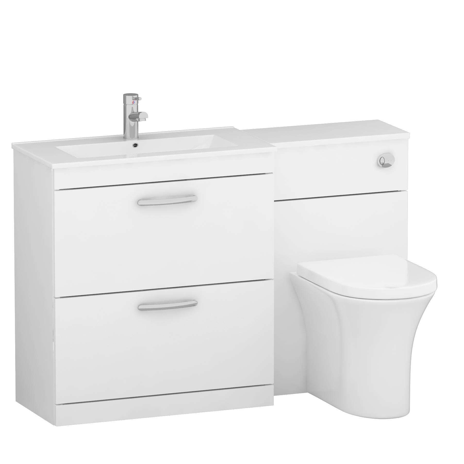 1300mm Gloss White 2 Drawer Furniture Pack with Minimalist Basin & Breeze Back to Wall Toilet