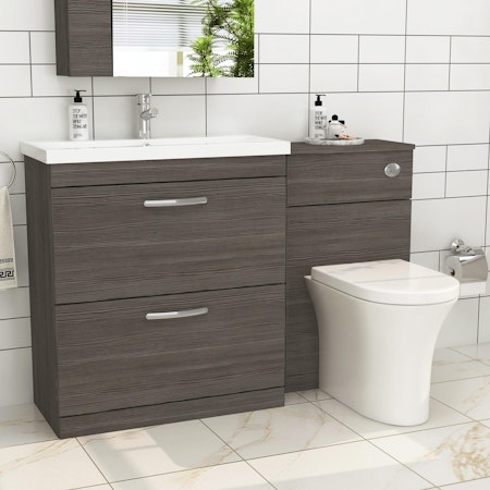 1300mm Grey Elm 2 Drawer Furniture Pack with Mid Edge Basin & Breeze Back to Wall Toilet