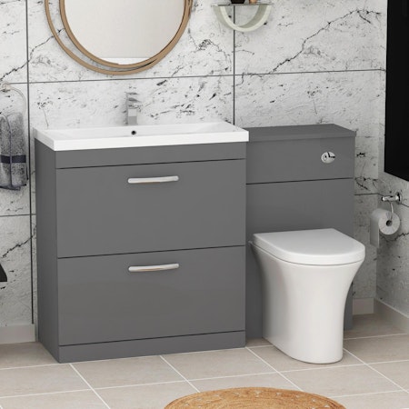 1300mm Indigo Grey Gloss 2 Drawer Furniture Pack with Mid Edge Basin & Breeze Back to Wall Toilet