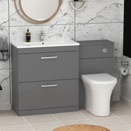1300mm Indigo Grey Gloss 2 Drawer Furniture Pack with Minimalist Basin & Breeze Back to Wall Toilet