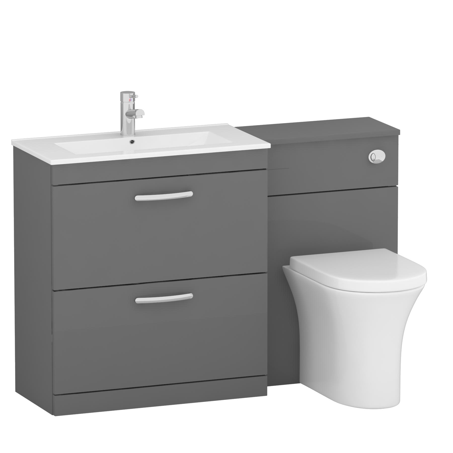 1300mm Indigo Grey Gloss 2 Drawer Furniture Pack with Minimalist Basin & Breeze Back to Wall Toilet