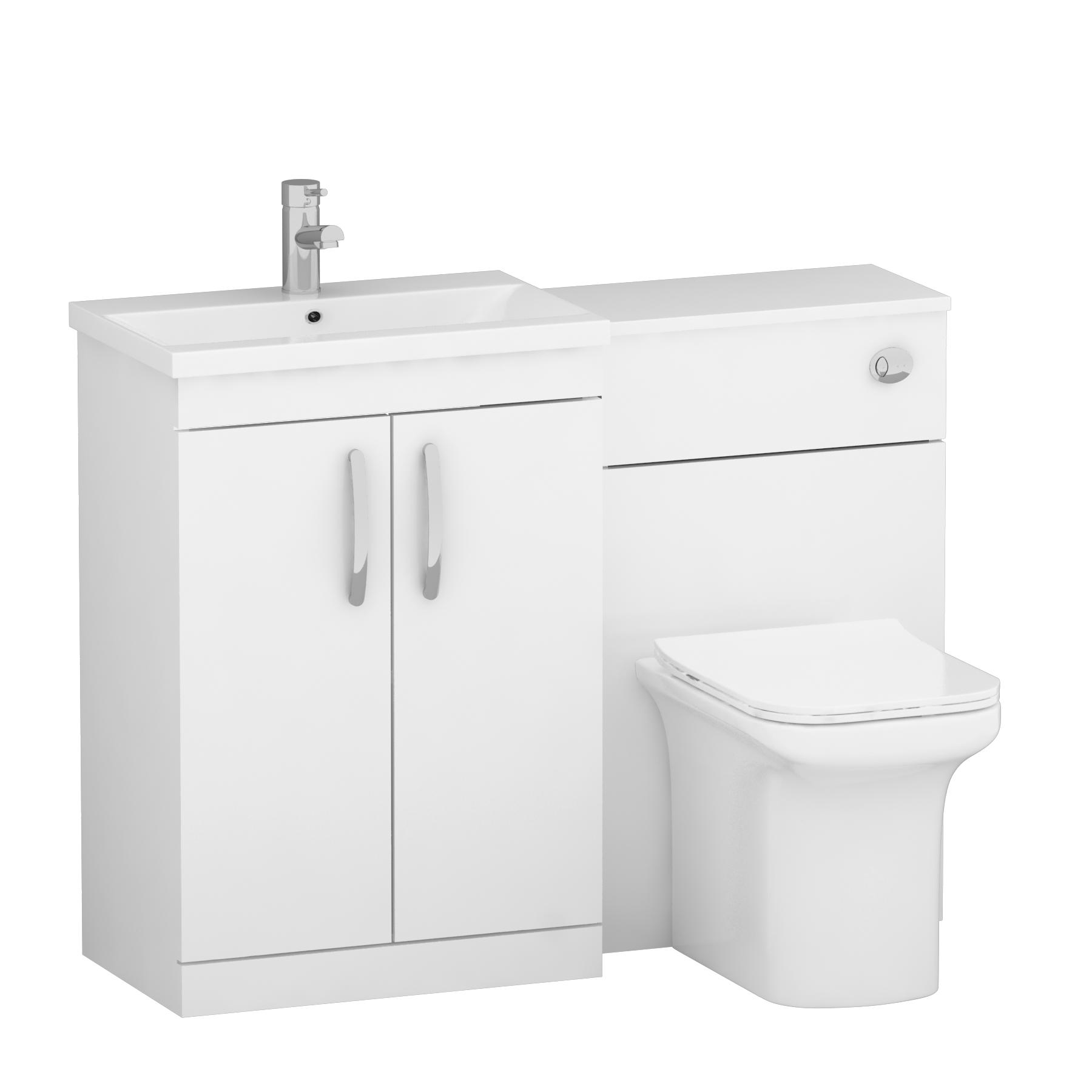 Modern Turin 1100mm Gloss White 2-Doors Mid-Edge Basin with Crosby Back to Wall Toilet Pack