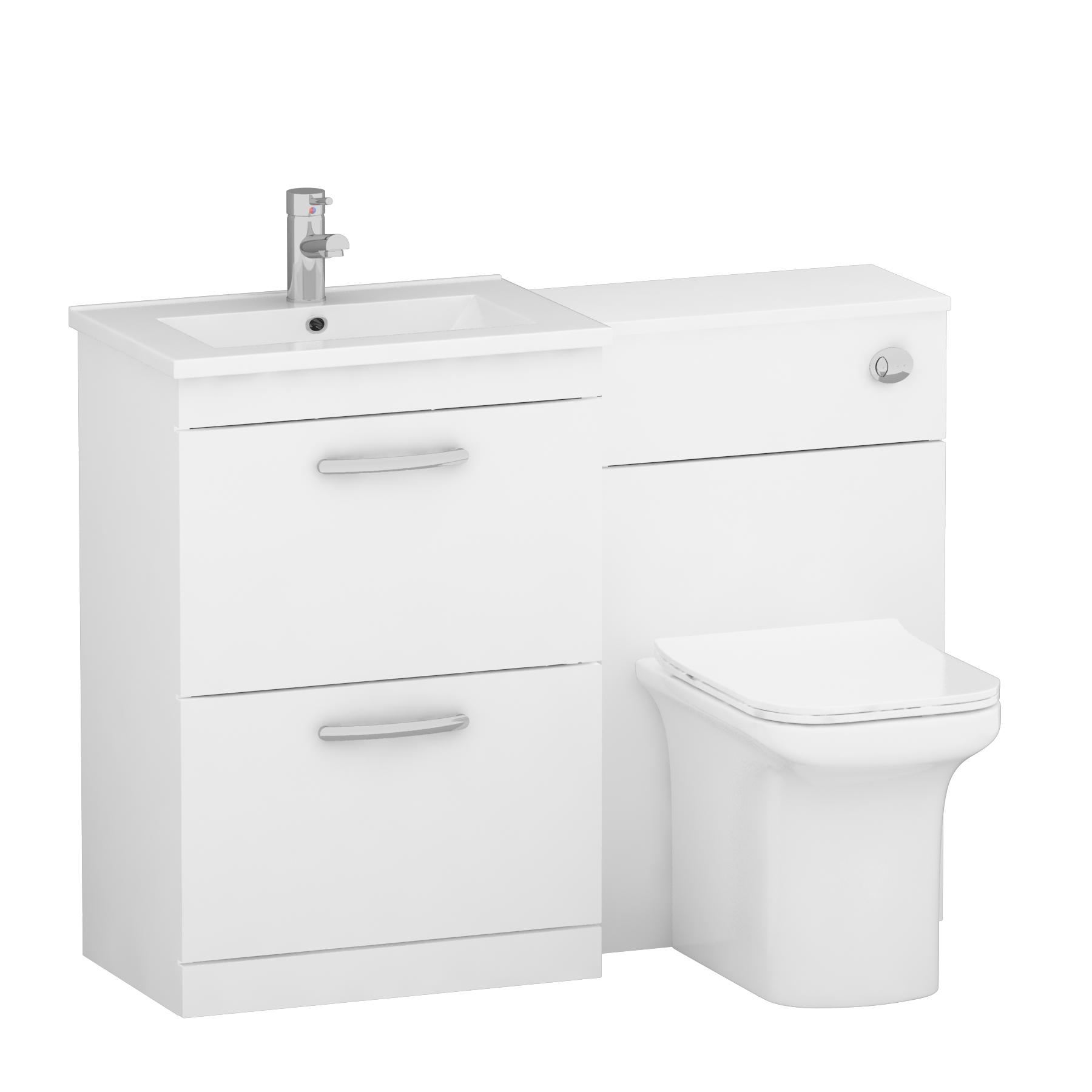 Modern Turin 1100mm Gloss White 2-Drawers Minimalist Basin with Crosby Back to Wall Toilet Pack