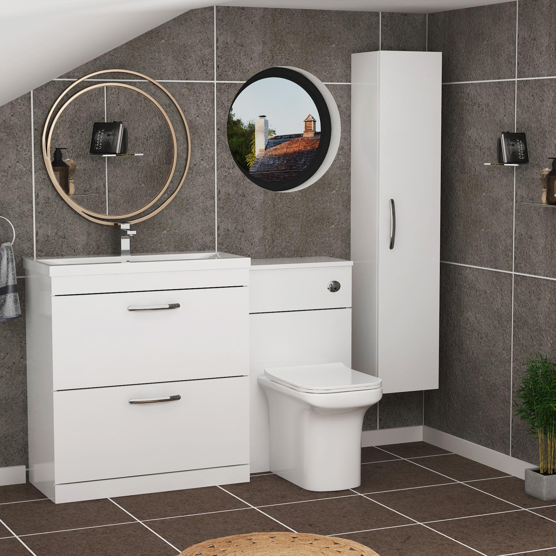 Turin 1300mm Gloss White 2-Drawers Mid-Edge Basin with Crosby Back to Wall Toilet Pack