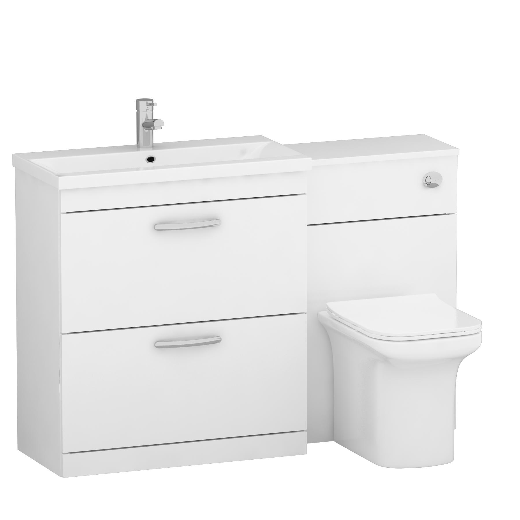 Turin 1300mm Gloss White 2-Drawers Mid-Edge Basin with Crosby Back to Wall Toilet Pack
