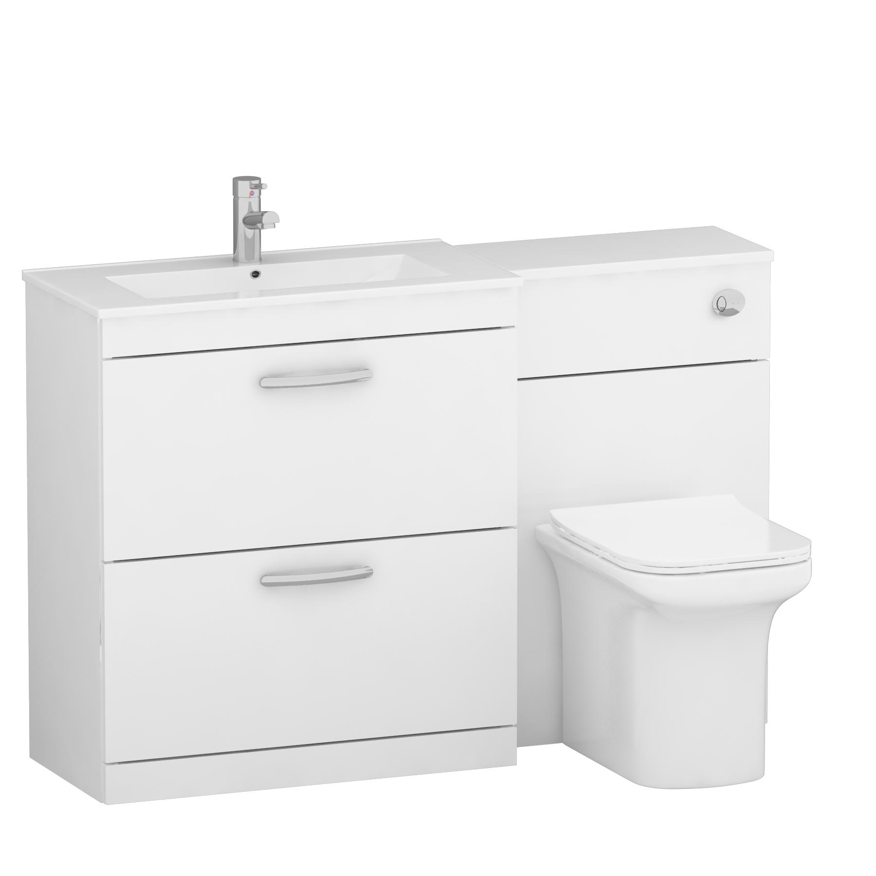 Turin 1300mm Gloss White 2-Drawers Minimalist Basin with Crosby Back to Wall Toilet Pack