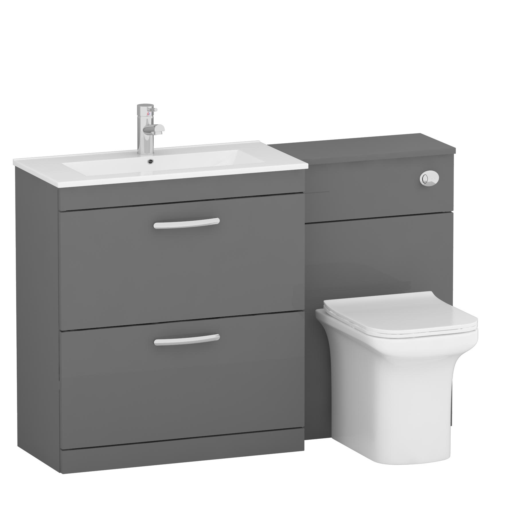 Turin 1300mm Indigo Grey Gloss 2-Drawers Minimalist Basin with Crosby Back to Wall Toilet Pack