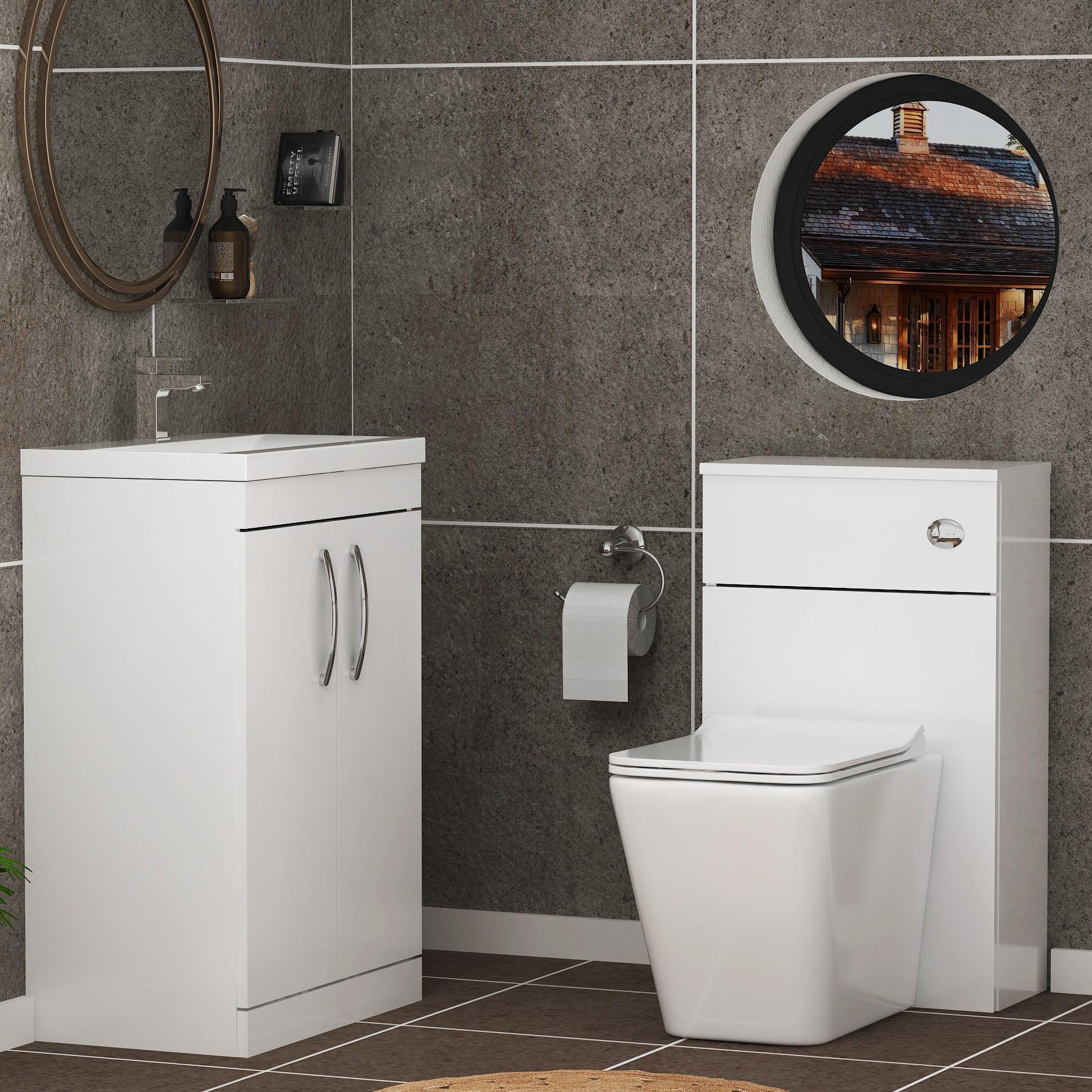 Turin 2-Door Gloss White Mid-Edge Floor Standing Bathroom Furniture Pack - Slim Elena Toilet