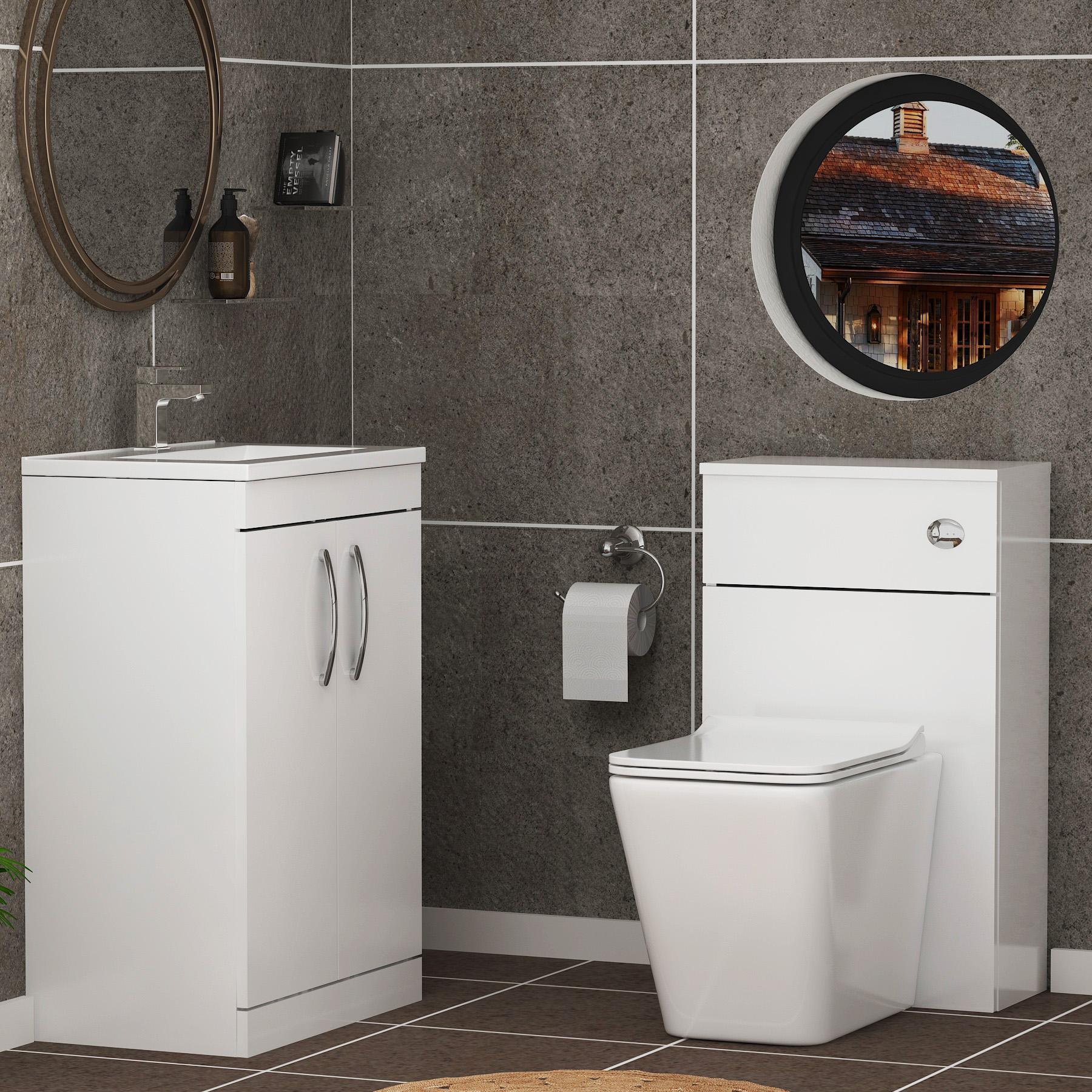 Turin 2-Door Gloss White Minimalist Floor Standing Bathroom Furniture Pack - Slim Elena Toilet