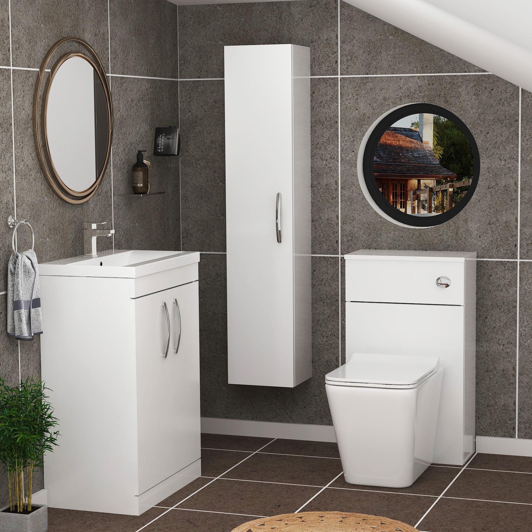 Turin 2-Door Gloss White Mid-Edge Floor Standing Bathroom Furniture Pack - Slim Elena Toilet