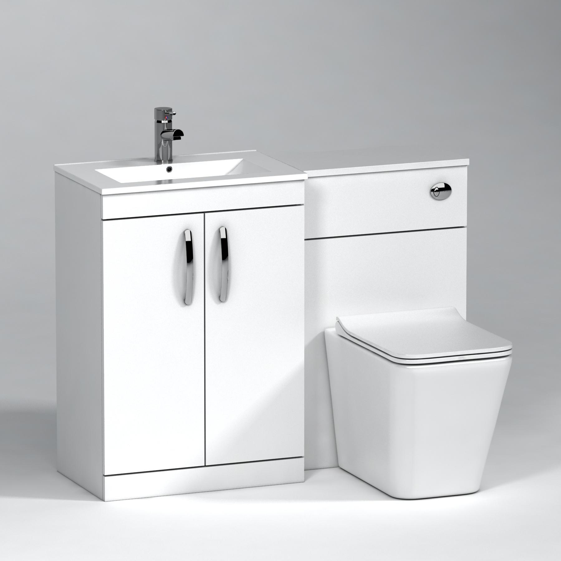 Turin 2-Door Gloss White Minimalist Floor Standing Bathroom Furniture Pack - Slim Elena Toilet