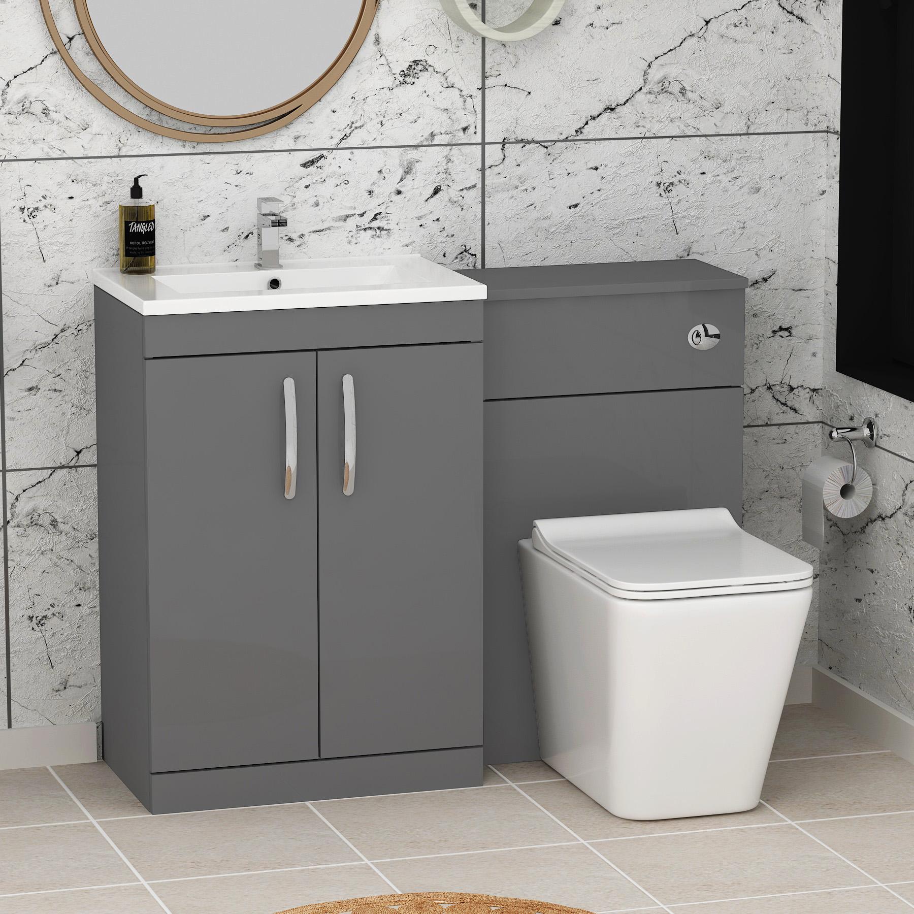 Turin 2-Door Indigo grey Gloss Minimalist Floor Standing Bathroom Furniture Pack - Slim Elena Toilet