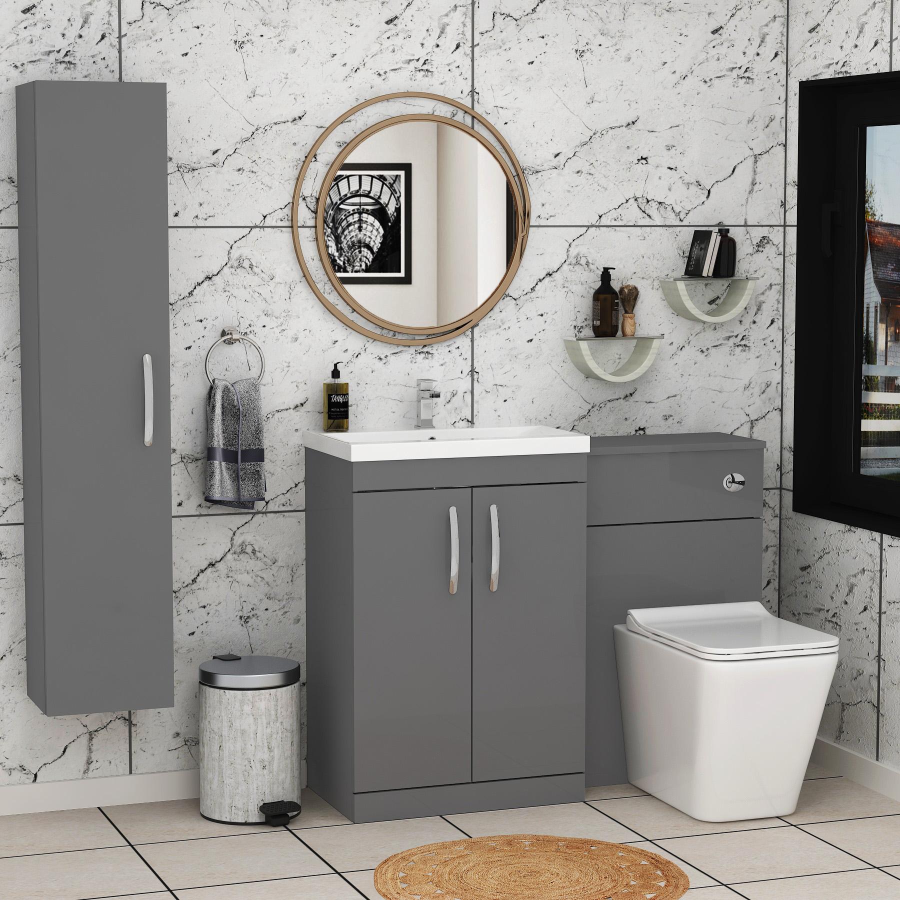Turin 2-Door Indigo grey Gloss Mid-Edge Floor Standing Bathroom Furniture Pack - Slim Elena Toilet