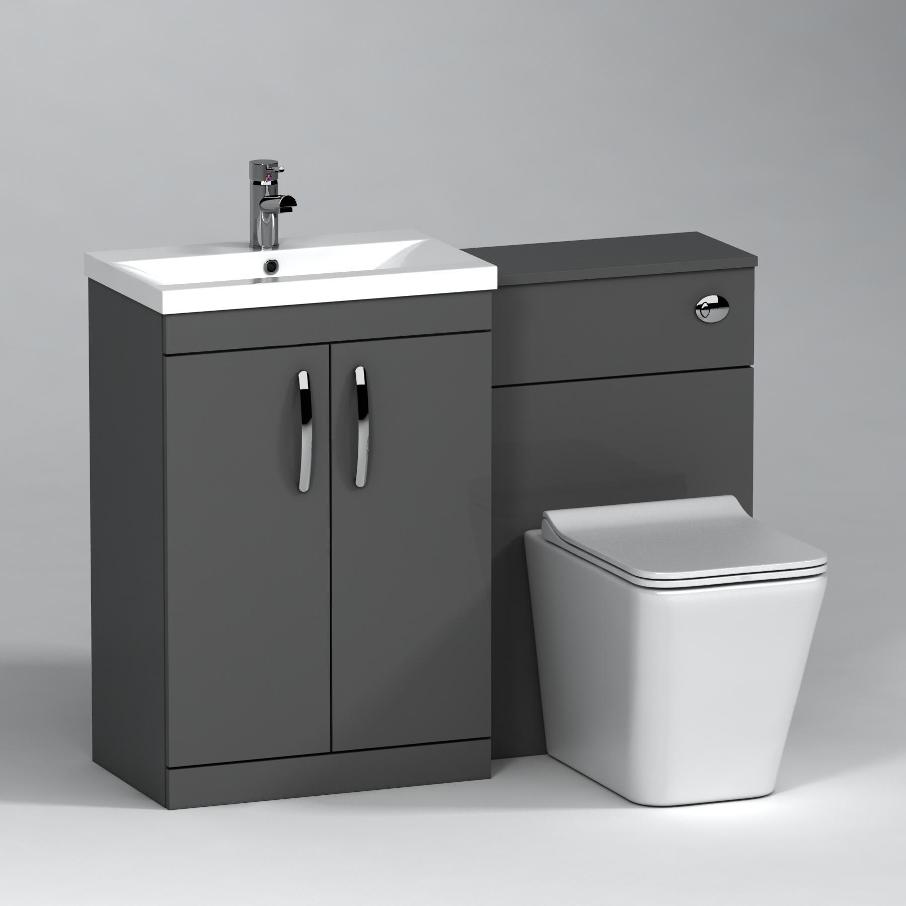 Turin 2-Door Indigo grey Gloss Mid-Edge Floor Standing Bathroom Furniture Pack - Slim Elena Toilet