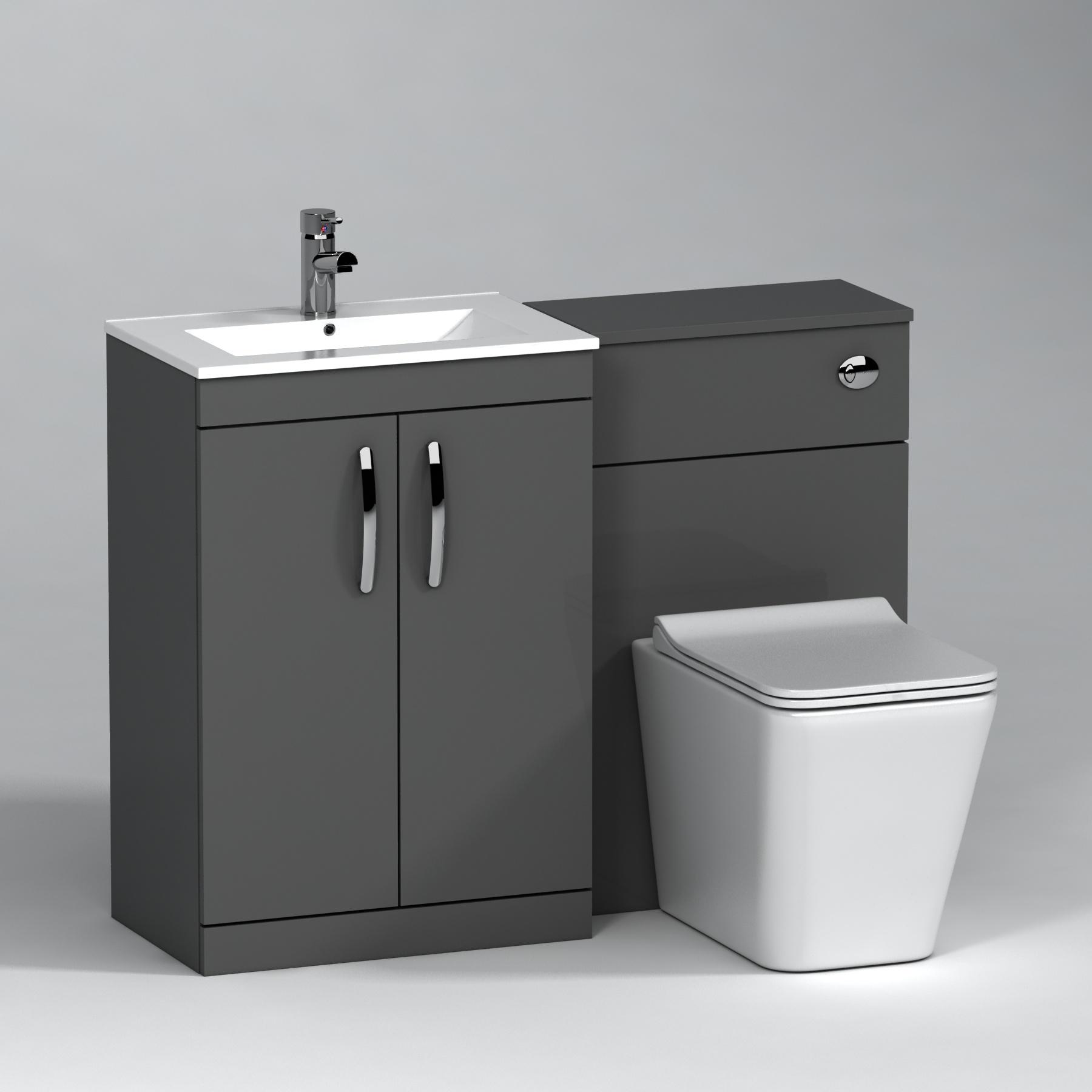 Turin 2-Door Indigo grey Gloss Minimalist Floor Standing Bathroom Furniture Pack - Slim Elena Toilet