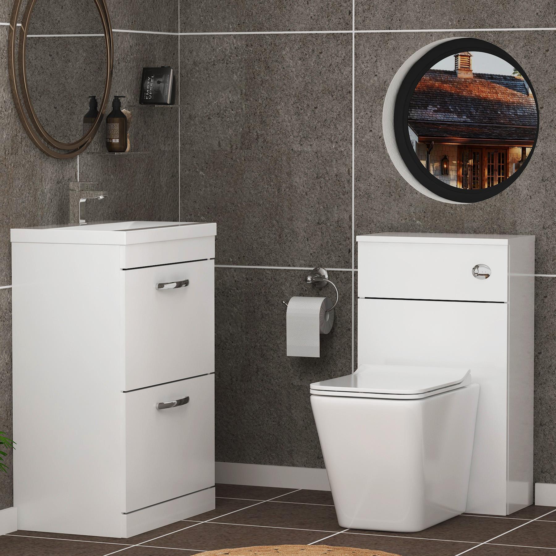 Turin 2-Drawer Gloss White Mid-Edge Floor Standing Bathroom Furniture Pack - Slim Elena Toilet