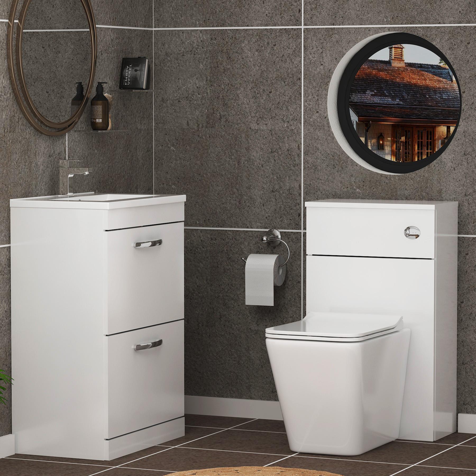 Turin 2-Drawer Gloss White Minimalist Floor Standing Bathroom Furniture Pack - Slim Elena Toilet