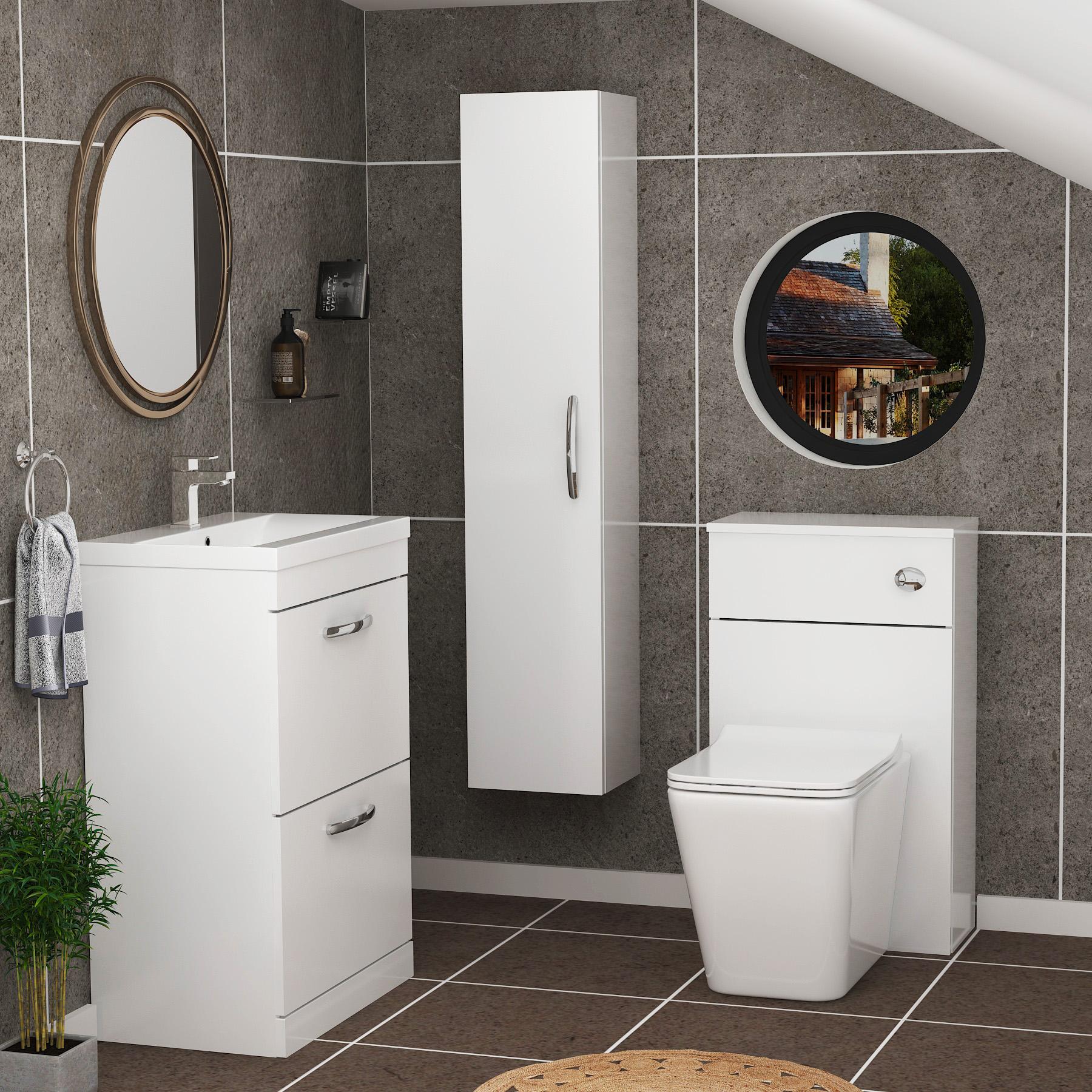 Turin 2-Drawer Gloss White Mid-Edge Floor Standing Bathroom Furniture Pack - Slim Elena Toilet