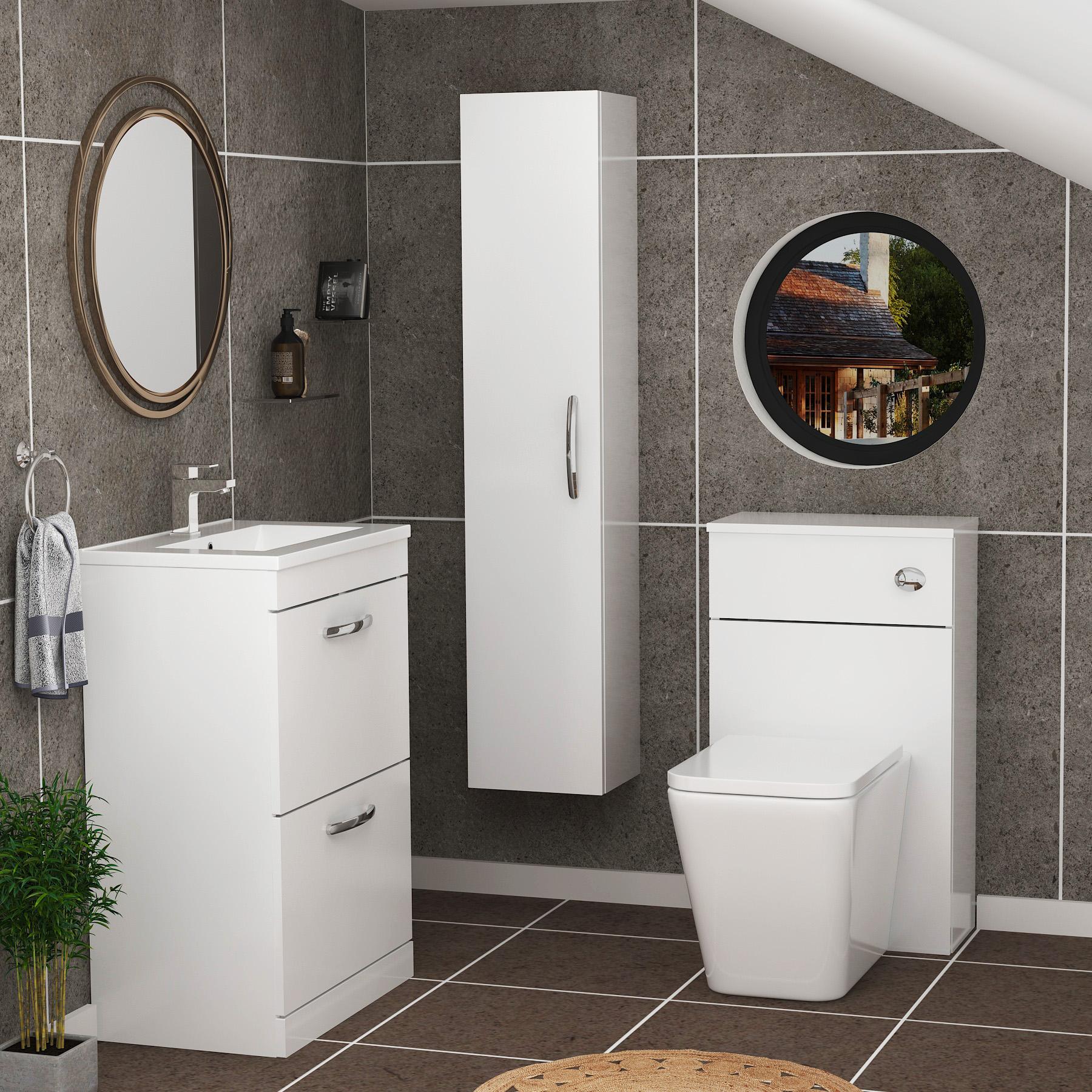Turin 2-Drawer Gloss White Minimalist Floor Standing Bathroom Furniture Pack - Slim Elena Toilet