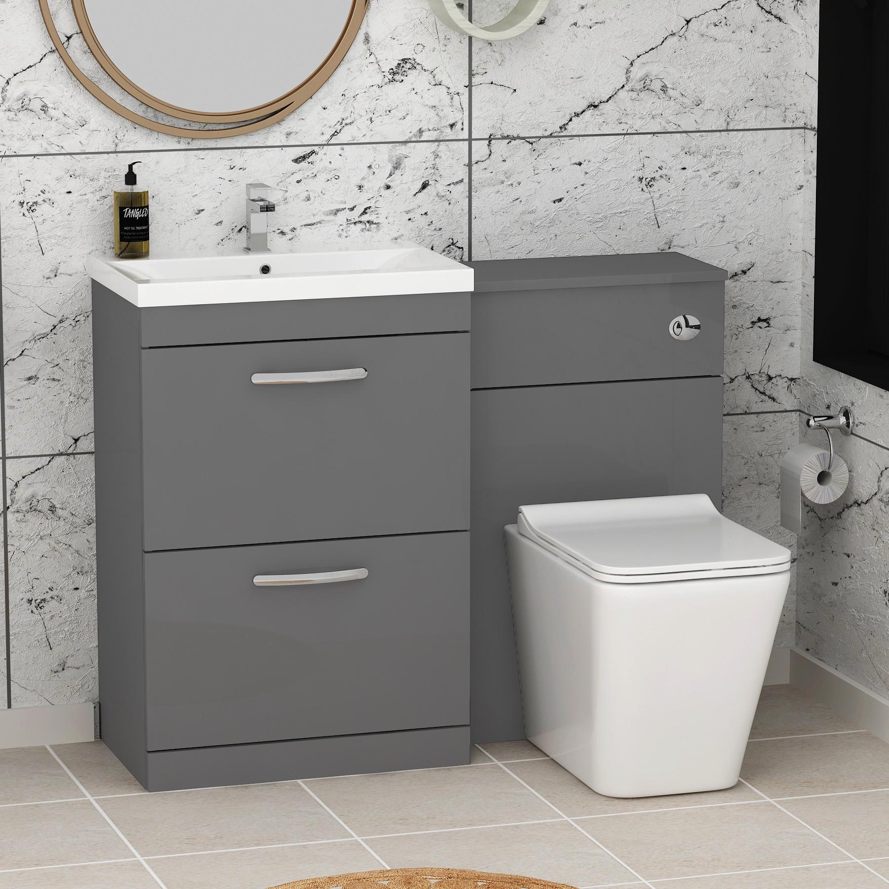 Turin 2-Drawer Indigo grey Gloss Mid-Edge Floor Standing Bathroom Furniture Pack - Slim Elena Toilet